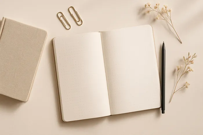 Open dotted journal with pen, paperclips and dried flowers on a beige desk